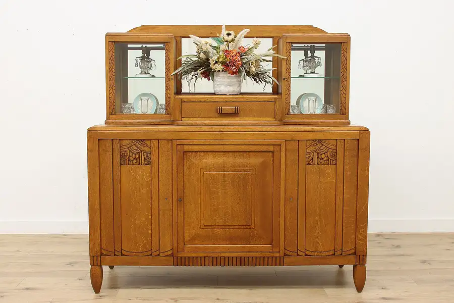 Main image of Art Deco Antique Carved Oak Sideboard or Bar Cabinet Mirrors