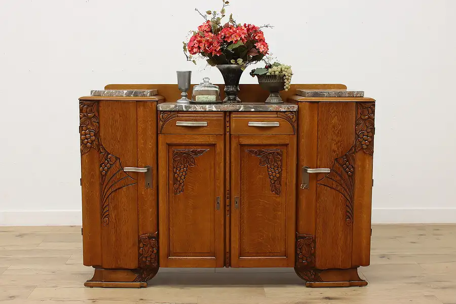 Main image of Art Deco Antique Bar Server Sideboard, Marble, Carved Fruit