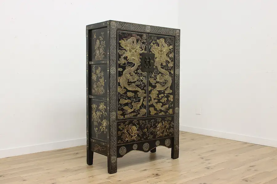 Main image of Chinese Vintage Dowry Cabinet Armoire, Hand Painted Dragons