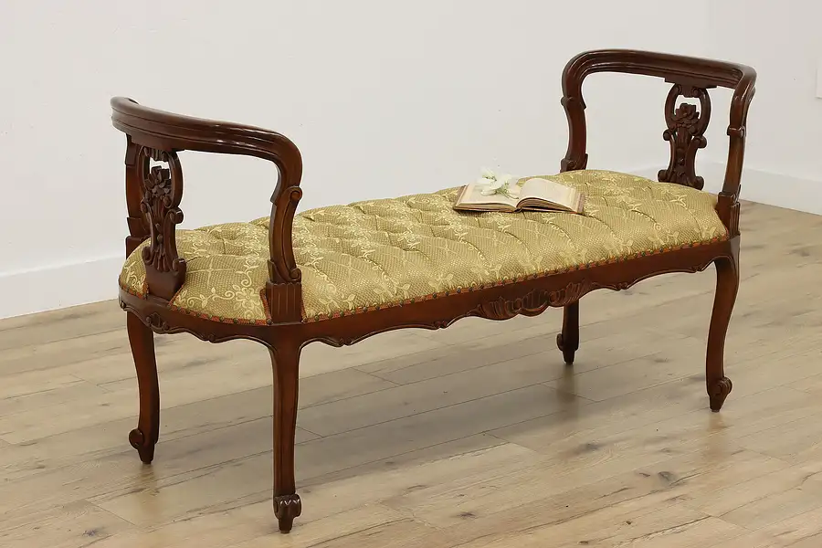 Main image of French Vintage Carved Mahogany Tufted Hall Boudoir Bench