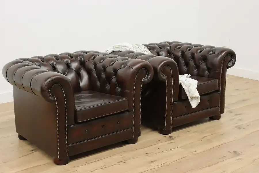 Main image of Pair of Chesterfield Vintage Tufted Brown Leather Armchairs