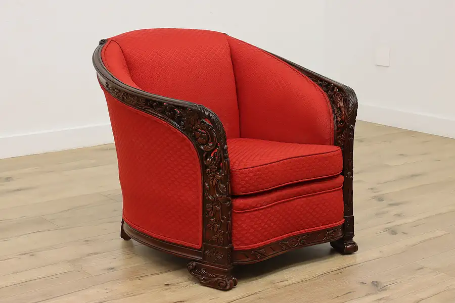 Main image of French Design Vintage Upholstered Club Chair, Carved Birds