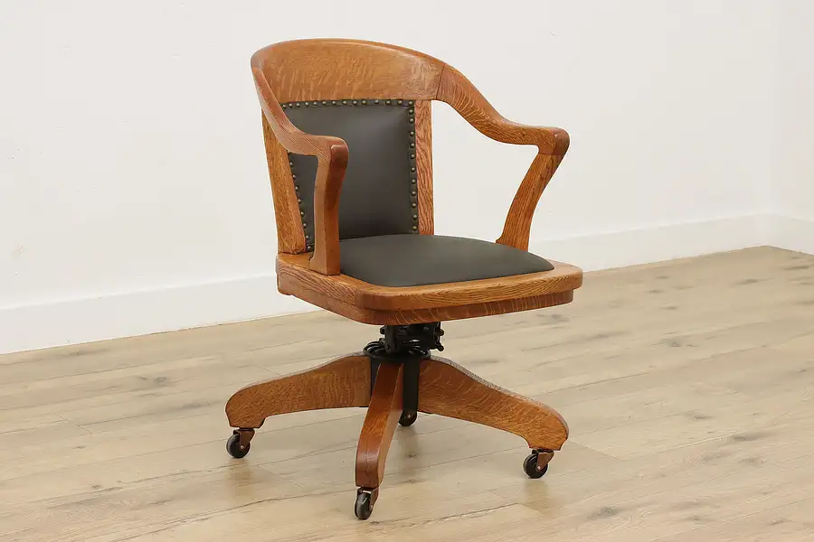 Main image of Adjustable Antique Oak Swivel Leather Office Desk Chair