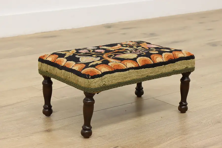 Main image of Traditional Antique Footstool, Handstitched Birds Tapestry