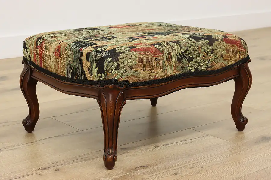 Main image of French Design Vintage Carved Birch Footstool, Asian Fabric