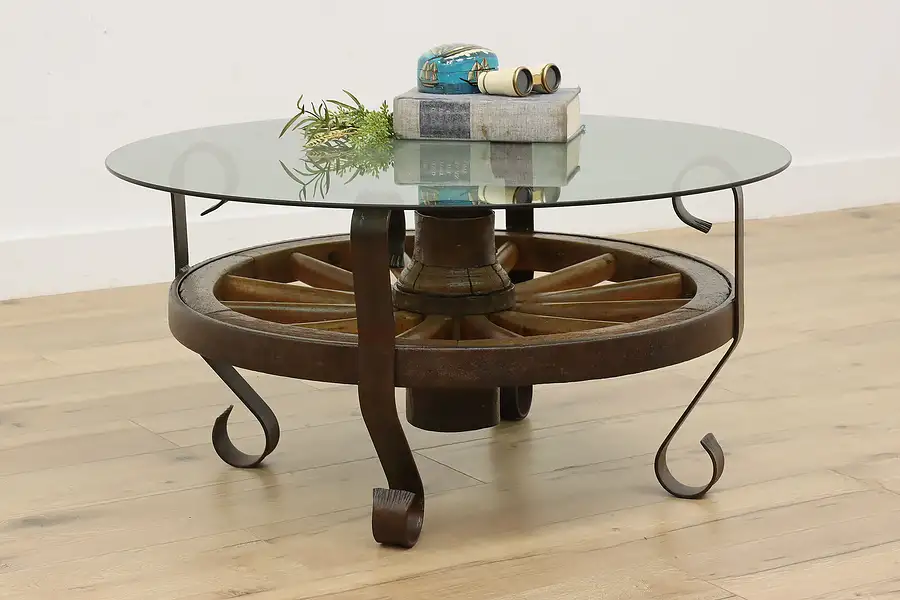 Main image of Farmhouse Antique Glass Top Wagon Wheel Coffee Table