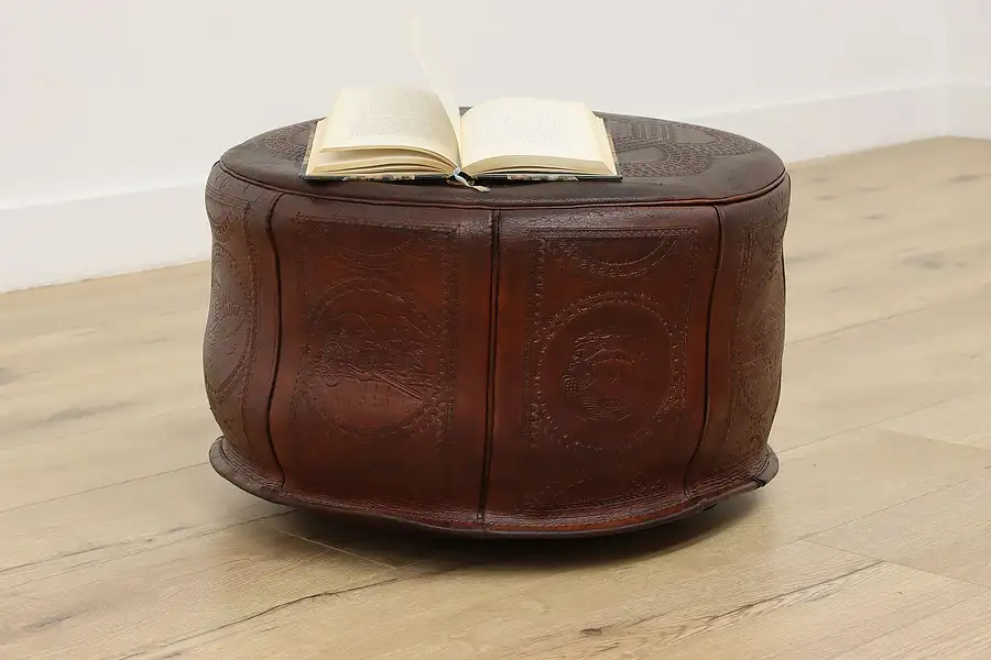 Main image of Costa Rica Vintage Tooled Leather Footstool Ottoman