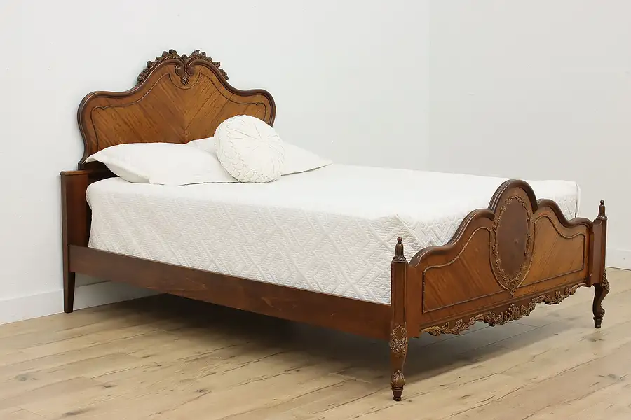 Main image of French Design Antique Carved Queen Size Bed, Marquetry