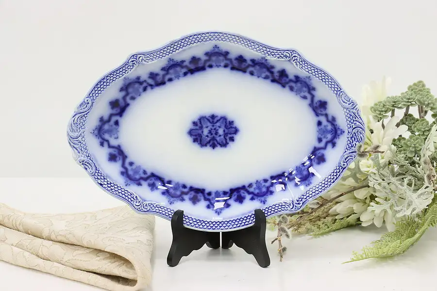 Main image of Victorian Antique Flow Blue Porcelain Serving Dish, Signed