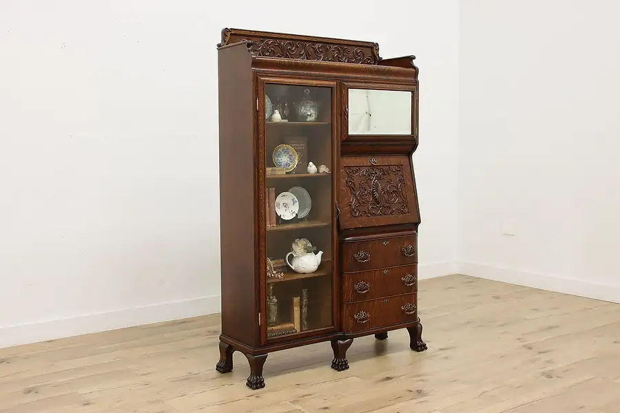 Main image of Victorian Antique Carved Oak Office Secretary Desk, Bookcase