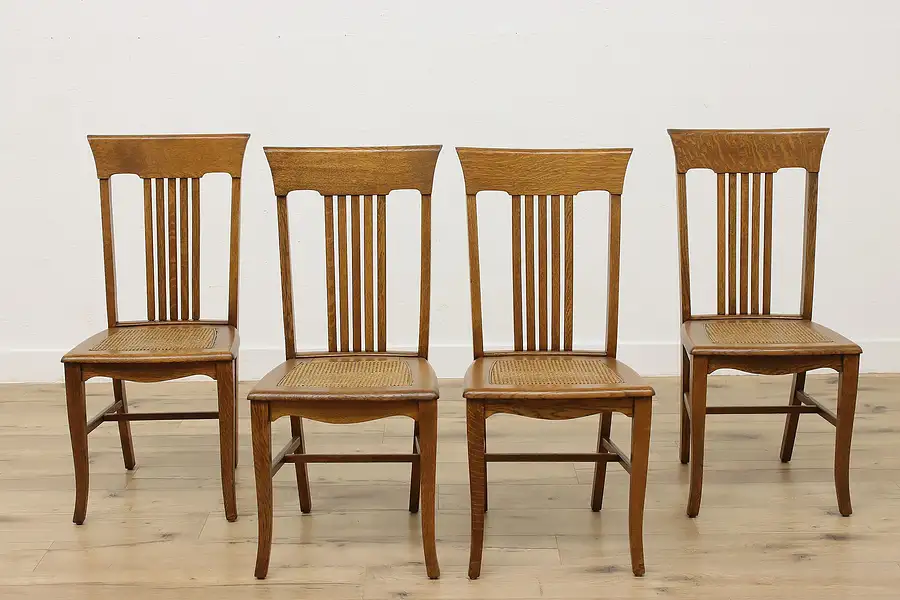 Main image of Set of 4 Farmhouse Antique Oak Dining Chairs, Caned Seats