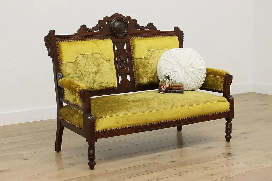 Main image of Victorian Antique Walnut Settee or Loveseat, Carved Swan