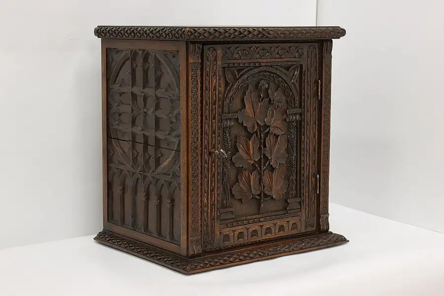 Main image of Oak Gothic Carved Antique Jewelry Chest or Keepsake Box