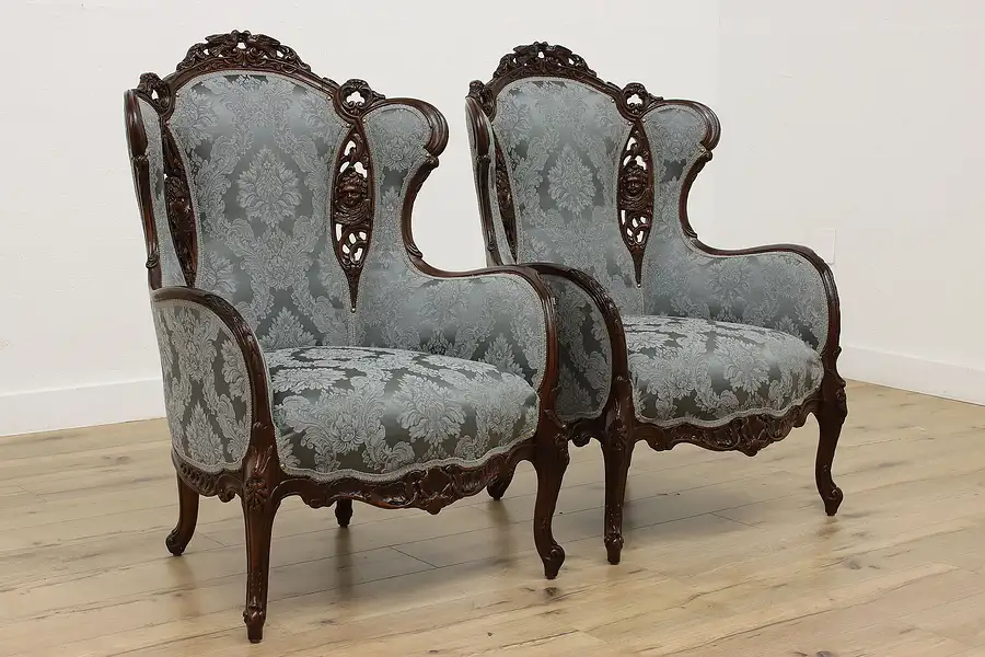 Main image of Pair of French Design Vintage Wing Chairs, Carved Cherubs