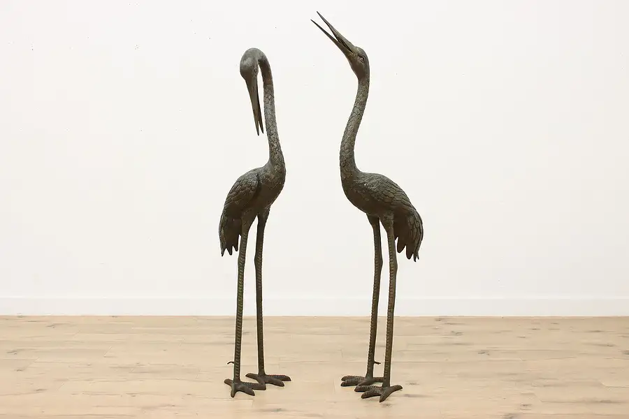 Main image of Pair of Vintage Bronze Crane Sculptures Fountain Statues 68"