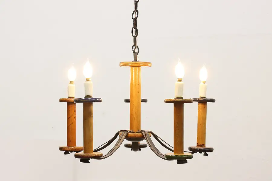 Main image of Arts & Crafts Antique Spool Arm Chandelier Beeswax Candles