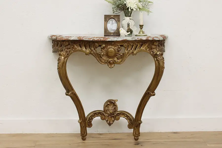 Main image of Rococo Design Vintage Marble Top & Gilt Wood Console Table