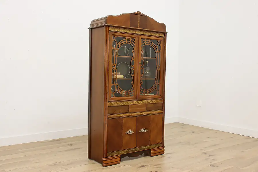 Main image of Art Deco Vintage Walnut China or Display Cabinet, Bakelite