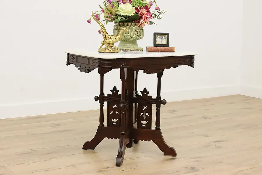 Main image of Victorian Eastlake Antique Marble Top Entry or Hall Table