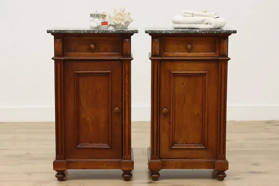 Main image of Pair Antique Tudor Design Marble Top Nightstands End Tables