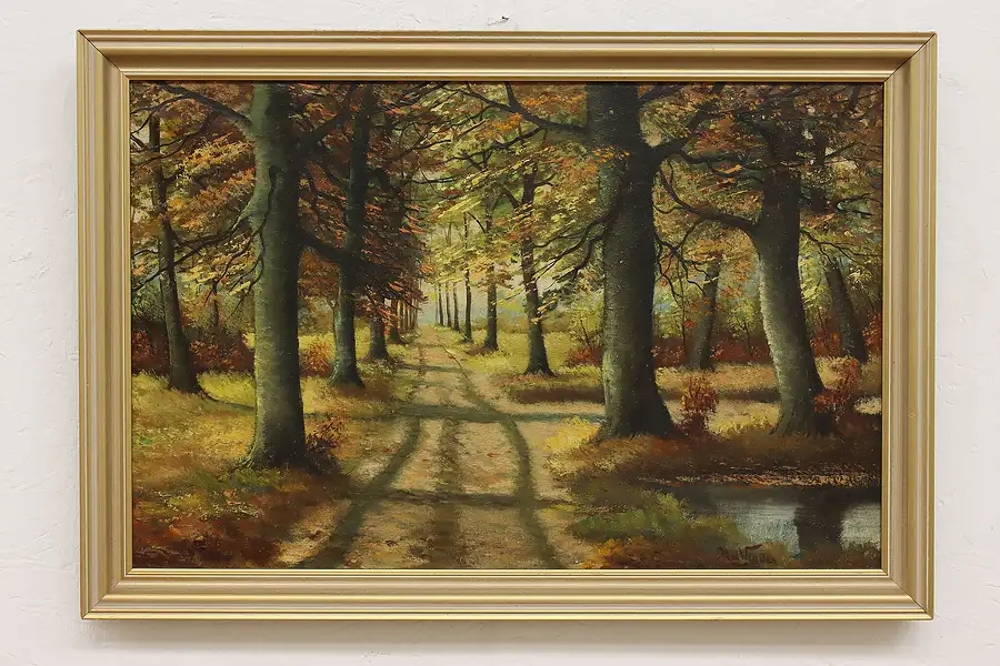 Main image of Autumn Road Vintage Original Oil Painting, Signed 26"