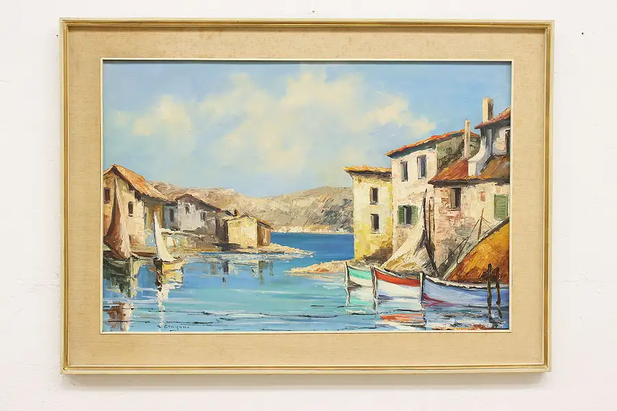 Main image of Italian Village Vintage Original Oil Painting Signed 42.5"