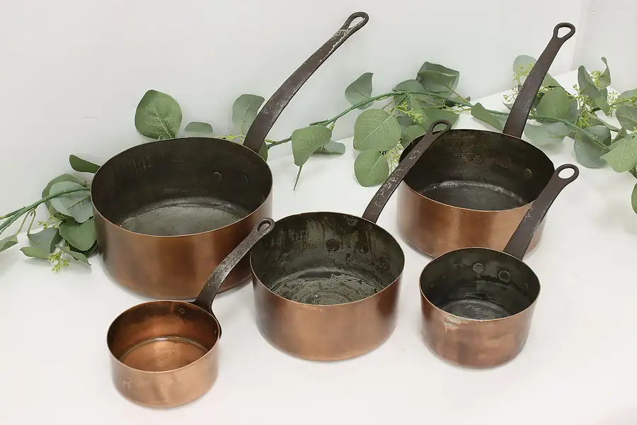 Main image of Set of 5 Farmhouse Antique Copper Sauce Pans or Pots