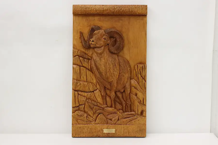 Main image of Hand Carved Vintage Bighorn Ram Wall Plaque, Busby