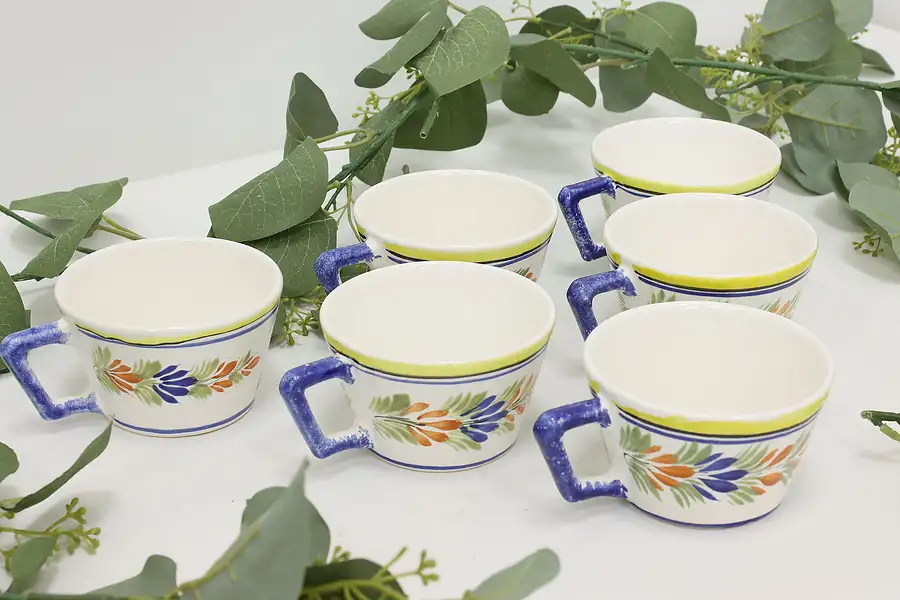 Main image of Set of 6 Vintage French Quimper Hand Painted Cups or Mugs