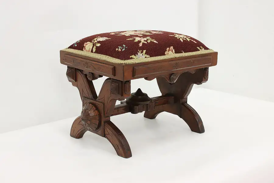 Main image of Victorian Eastlake Antique Walnut & Needlepoint Footstool