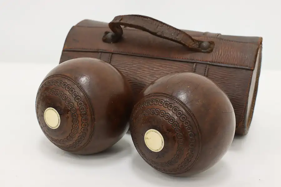 Main image of Pair of English Antique Lawn Bowling Balls & Case, Jaques