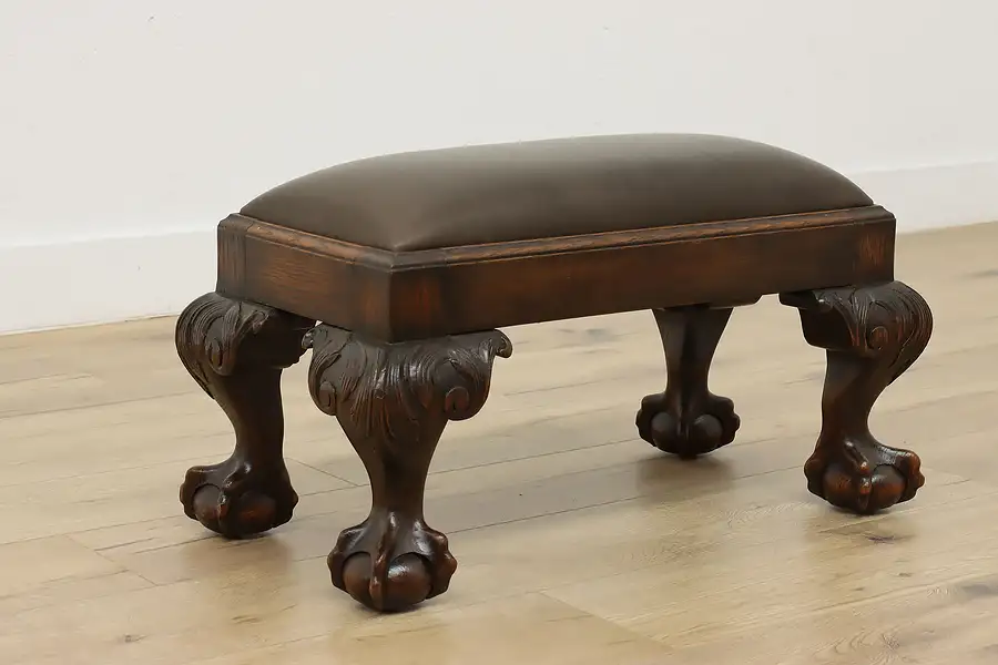 Main image of Georgian Design Antique Carved Oak & Leather Footstool