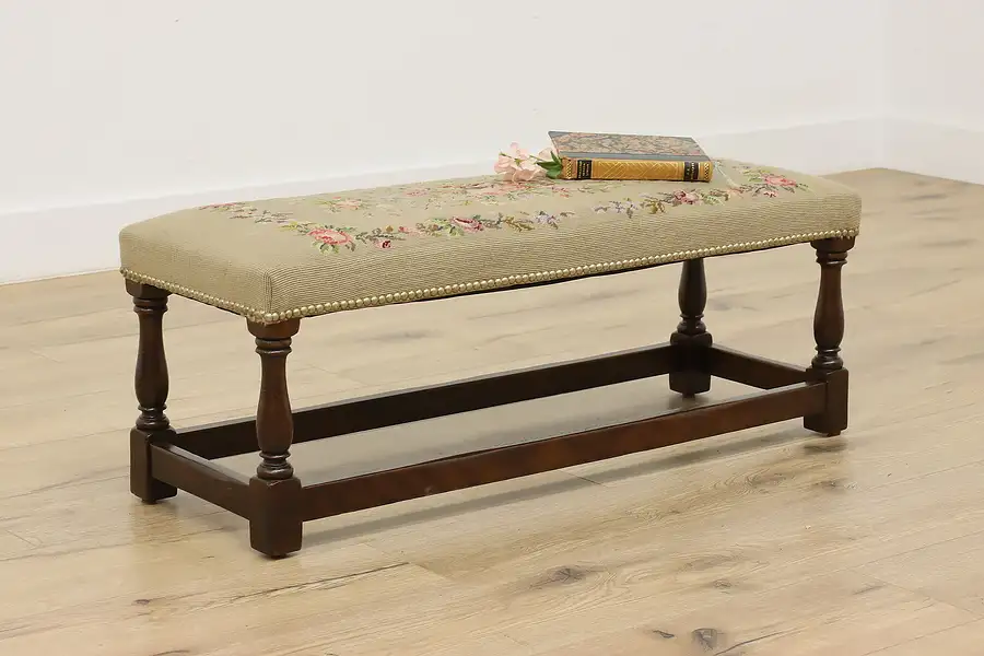 Main image of Tudor Design Antique Carved Oak & Needlepoint Bench, Flowers