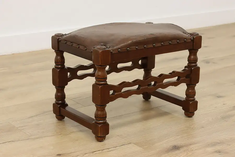 Main image of Tudor Design Vintage Oak & Leather Footstool, Golden