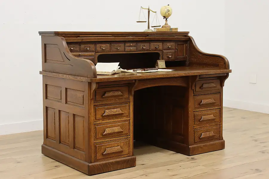 Main image of Victorian Antique Office or Library Roll Top Oak Desk, Gunn