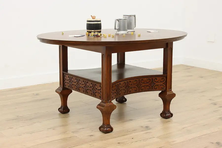 Main image of Victorian Antique Carved Oak Breakfast Game Table, Drawer