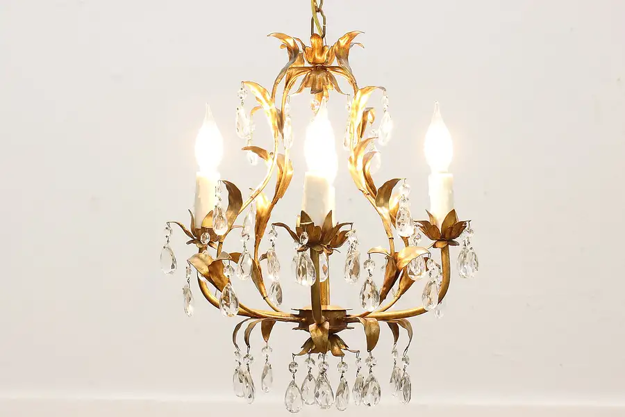 Main image of French Design Vintage Gilt Brass & Crystal Chandelier