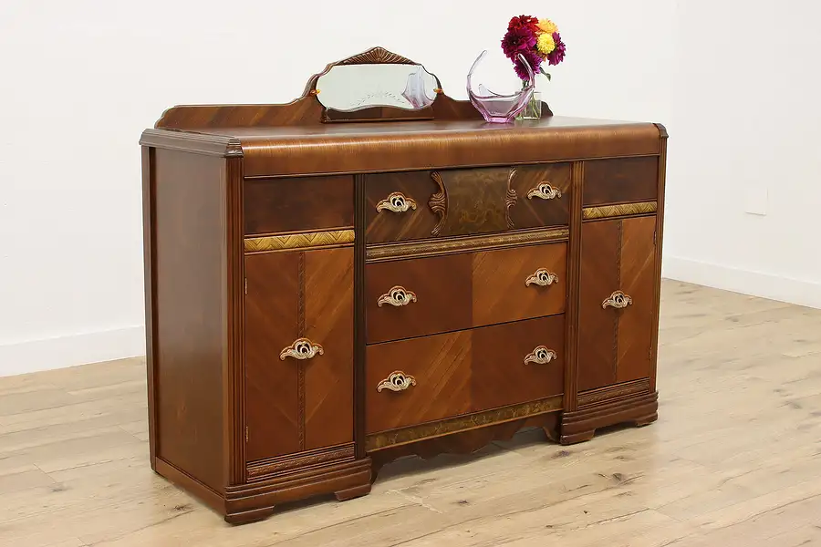 Main image of Art Deco Vintage Waterfall Walnut Sideboard Buffet, Mirror