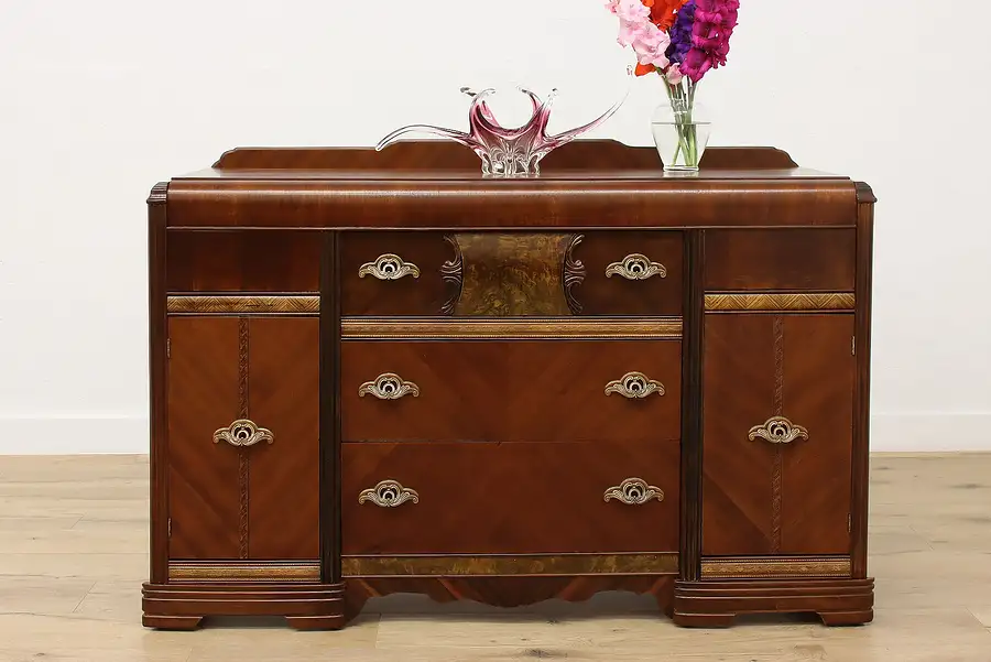 Main image of Art Deco Vintage Waterfall Walnut Sideboard Buffet, Bakelite