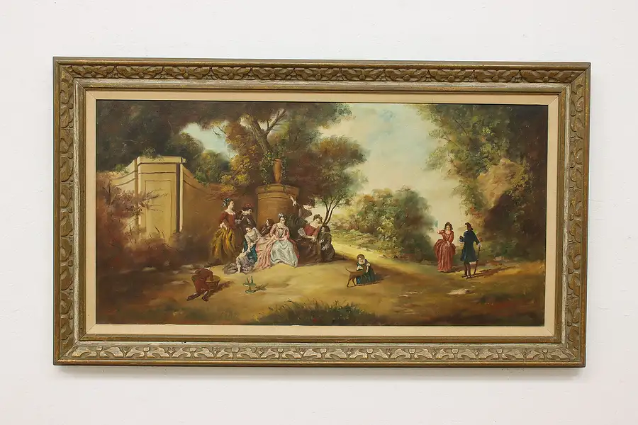 Main image of French Park Gathering Antique Oil Painting After Pater 56.5"