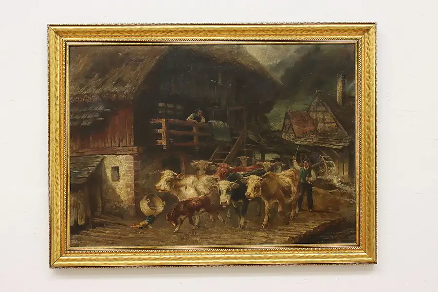 Main image of Cows in Village Antique Original Oil Painting, Plock 46"