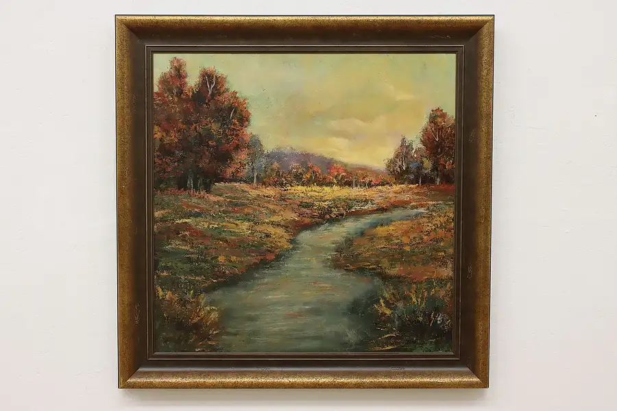 Main image of Fall Landscape Vintage Original Oil Painting, Signed 44.5"