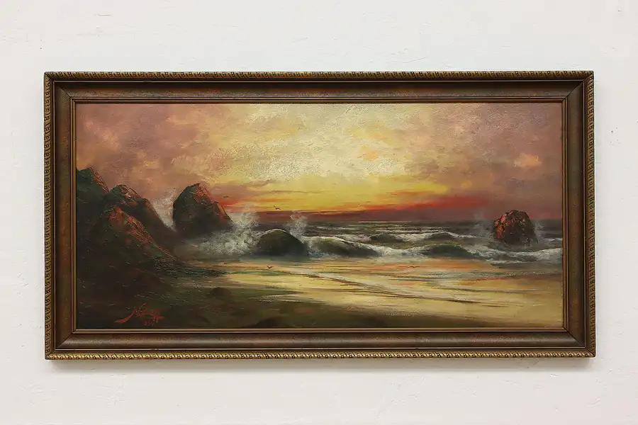 Main image of Oregon Ocean Beach Vintage Original Oil Painting Lopp 38"