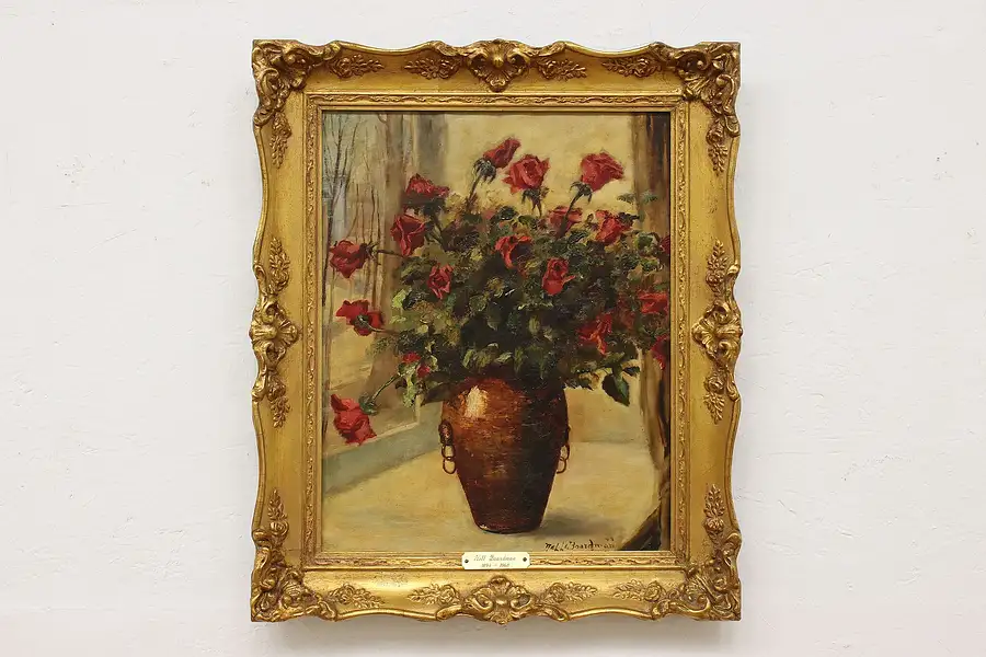 Main image of Vase of Roses Vintage Original Oil Painting, Boardman 25.5"