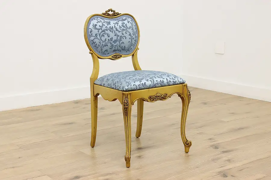 Main image of French Design Carved Antique Vanity Chair, New Blue Fabric