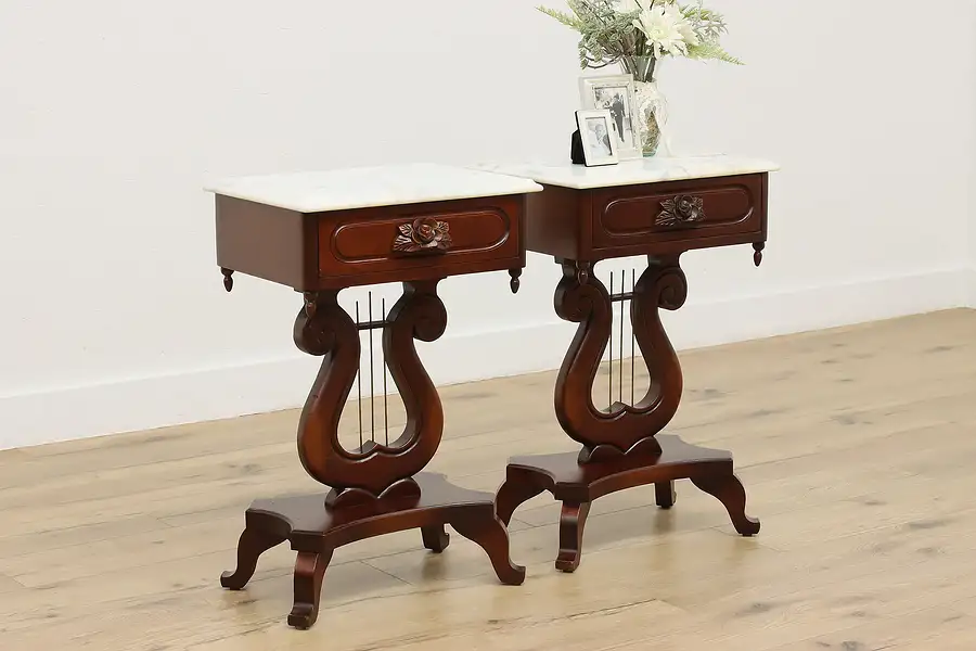 Main image of Pair of Victorian Vintage Marble Top & Lyre Base Nightstands