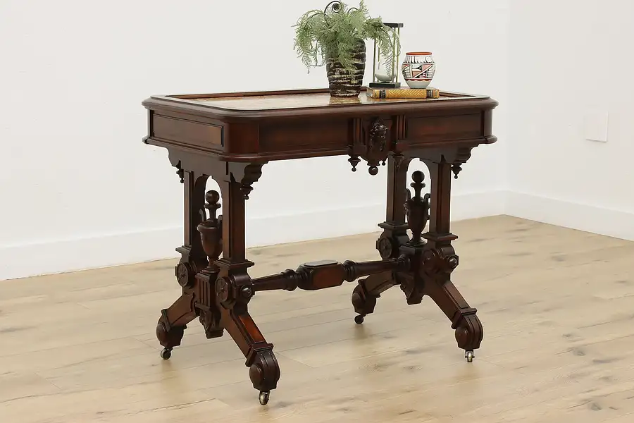 Main image of Victorian Eastlake Antique Faux Marble Top Hall Table Desk