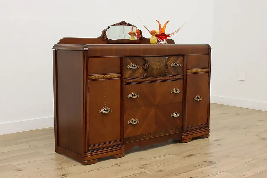 Main image of Art Deco Vintage Waterfall Walnut Sideboard Buffet, Mirror