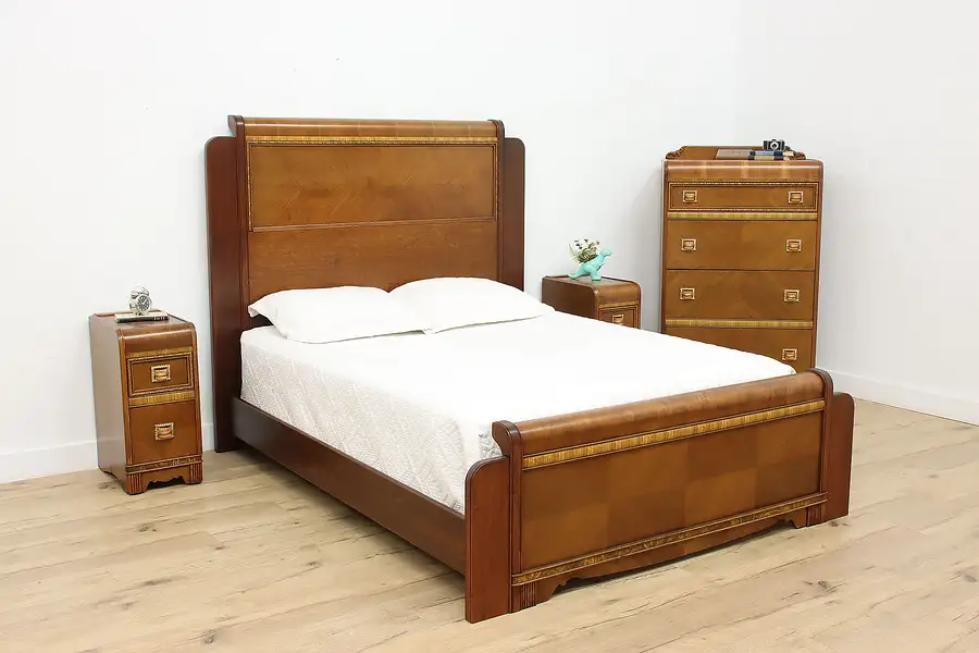 Main image of Art Deco Waterfall 4 Pc Vintage Walnut Bedroom Set Queen Bed