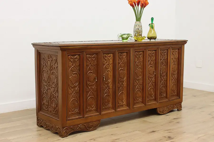 Main image of Walnut Vintage Buffet Sideboard Office Cabinet Carved Grapes